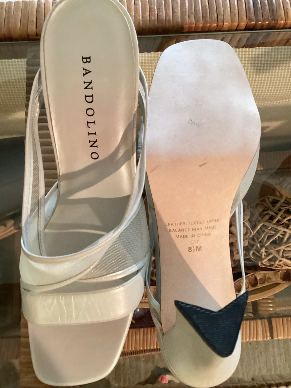 Bandolino Light Silver Strappy Mid Block Heel Sandals, 3.75” heel